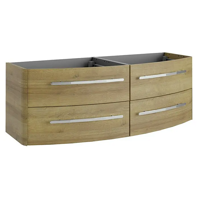 Lanzet Classico Badmöbel-Set CL14MBC - 137,2 cm, Berg Eiche, Farbe Griff: Chrom - Ein Badezimmer-Waschtischunterschrank mit vier Schubladen in Holzoptik und modernen Griffen. Er bietet viel Stauraum für das Bad.