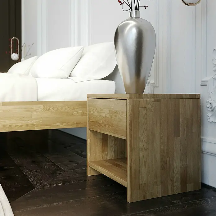 Krok Wood Nachttisch Julia40 x 40 x 40 cm, Eiche - Ein eleganter Nachttisch aus Holz mit einer Schublade und einem offenen Fach, ideal für jedes Schlafzimmer.