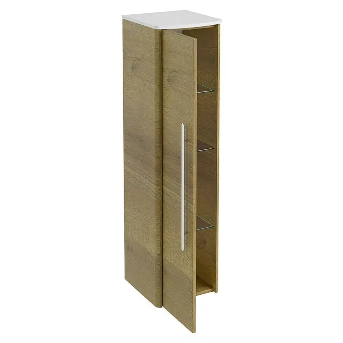 Lanzet Classico Midischrank - B x T x H: 31,2 x 32,5 x 121,4 cm, Berg Eiche/Weiß, Farbe Griff: Chrom, DIN Anschlag: Links - Der hohe Holzschrank mit Glastüren und weißer Platte bietet eleganten Stauraum.