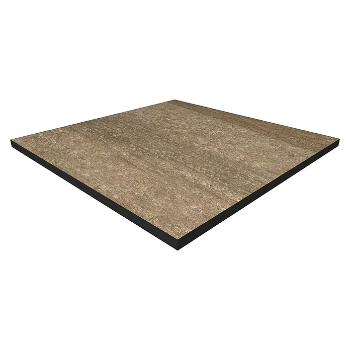 Terrassenfliese Lava Copper 2.0 - 60 x 60 x 2 cm, Braun, Matt - Nahaufnahme einer Bodenfliese mit natürlicher Textur und schwarzem Rand, ideal für moderne Innenräume.