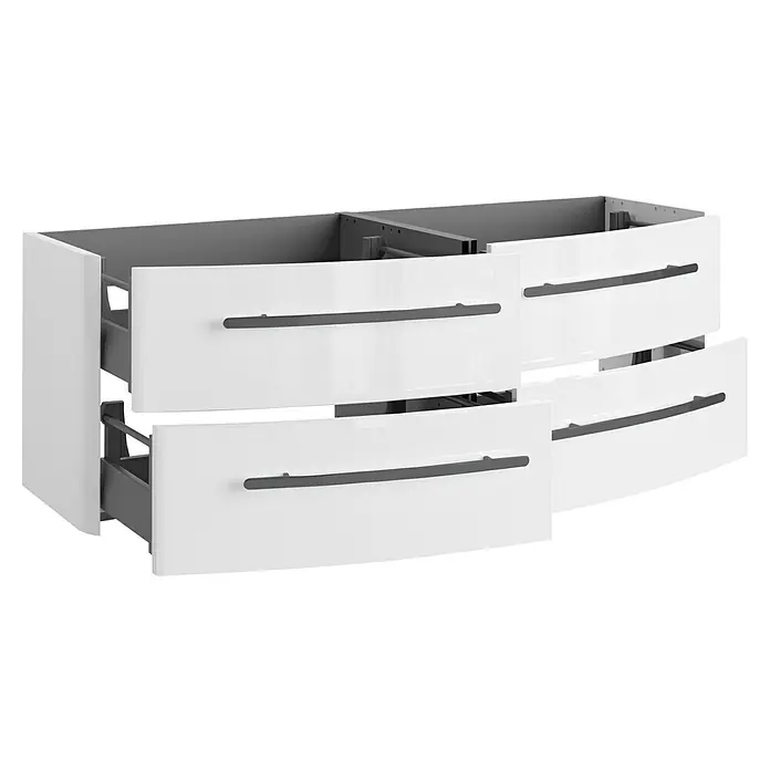 Lanzet Classico Badmöbel-Set CL14WWA - 137,2 cm, Weiß, Farbe Griff: Anthrazit - Weißer Unterschrank mit Schubladen und dunklen Griffen. Das Möbelstück hat ein modernes Design und bietet Stauraum.