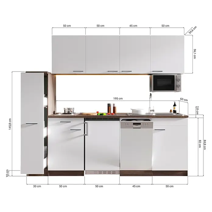 Respekta Küchenzeile Oliver - Breite: 225 cm, Grau, Mit Elektrogeräten, Mit Duo-Kochmulde, Mit Mikrowelle - Produktansicht einer modernen Küchenzeile mit Maßen, die die Anordnung und Größe der Schränke und Geräte hervorhebt.