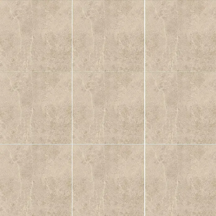 Terrassenfliese Botticino 2.0 - 60 x 60 x 2 cm, Beige, Matt - Neun quadratische, hellbeige Steinzeugfliesen mit Marmormuster und hellen Fugenlinien, ideal für stilvolle Boden- oder Wandbeläge.