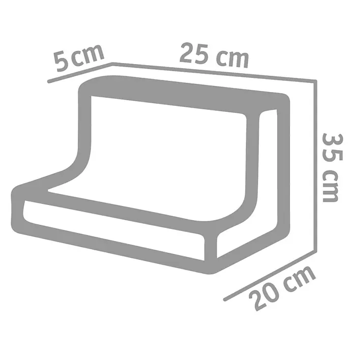 Diephaus L-Stein Mini - 35 cm, 25 cm, Stärke: 5 cm, Grau - Abbildung eines stilisierten grauen Produkts mit den Maßen 5 cm, 25 cm, 35 cm und 20 cm, dargestellt in einer technischen Zeichnung.