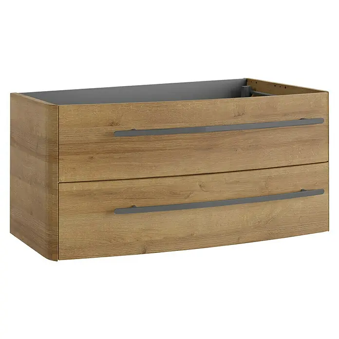 Lanzet Classico Badmöbel-Set CL10LWBA - 99,2 cm, Berg Eiche, Farbe Griff: Anthrazit, Links - Ein Waschbeckenunterschrank aus hellem Holz mit zwei Schubladen und grauen Griffen. Das Möbelstück ist modern und funktional gestaltet.