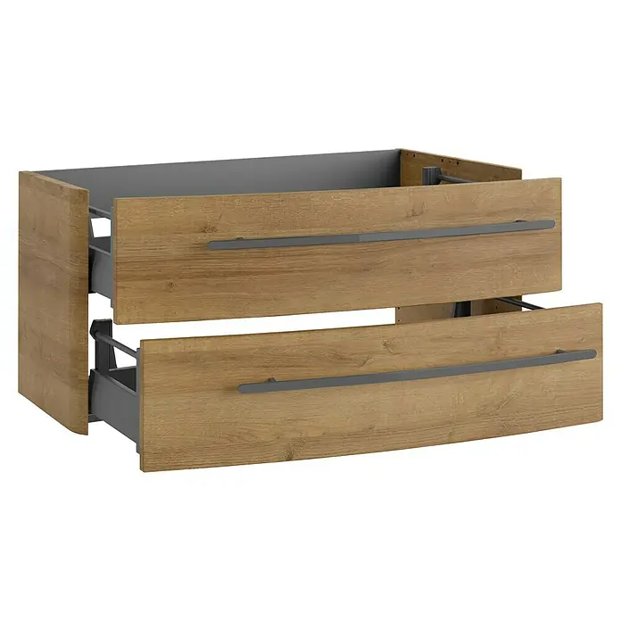 Lanzet Classico Badmöbel-Set CL10LWBA - 99,2 cm, Berg Eiche, Farbe Griff: Anthrazit, Links - Das Bild zeigt einen modernen Badezimmerschrank mit zwei Schubladen in Holzoptik und grauen Griffen. Die Schubladen sind teilweise geöffnet.