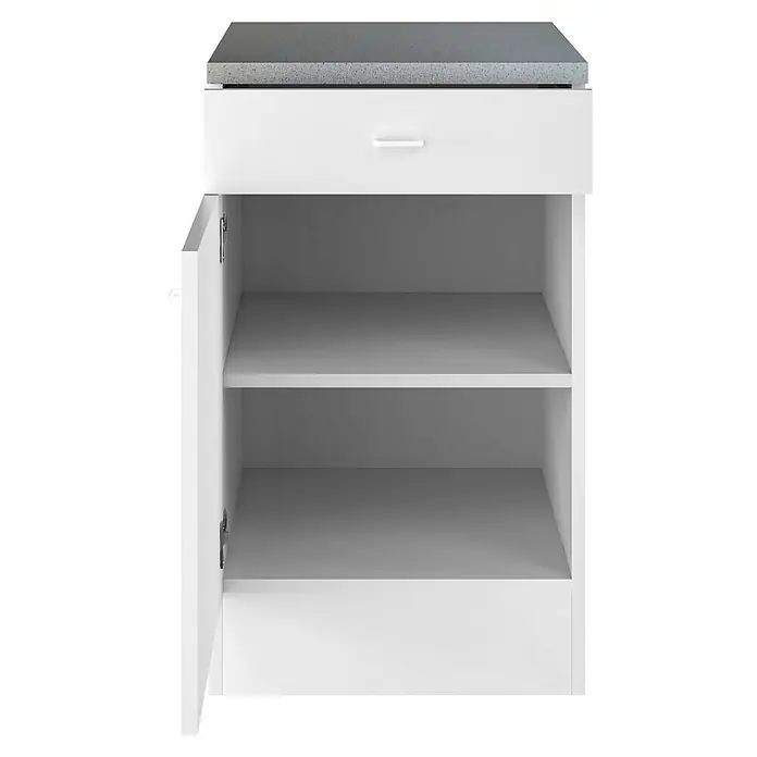 Flex-Well Rapido Küchen-Unterschrank - 47 x 50 x 85 cm, Dekor Front: Weiß - Ein weißer Unterschrank mit Schublade und offenen Fächern bietet viel Stauraum für Badutensilien und andere Gegenstände.