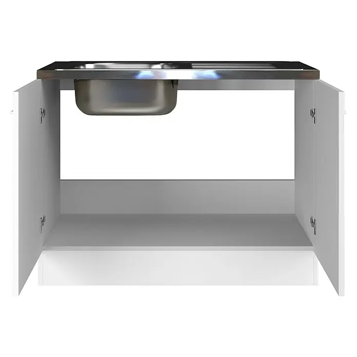 Flex-Well Rapido Spülenunterschrank - 47 x 100 x 85 cm, Dekor Front: Weiß, Dekor Korpus: Weiß - Bild eines Unterschranks mit Edelstahlspüle und geöffneten, weißen Türen, der Stauraum und Funktionalität bietet.