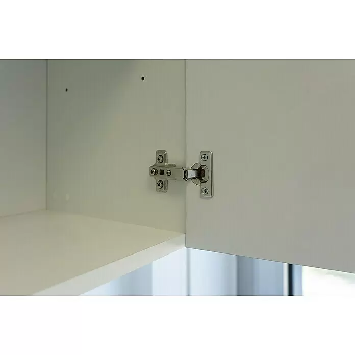 Flex-Well Rapido Hängeschrank - 32 x 100 x 54 cm, Dekor Front: Weiß, Dekor Korpus: Weiß - Scharnier aus silbernem Metall, an einem weißen Schrankkorpus und einer Tür befestigt.