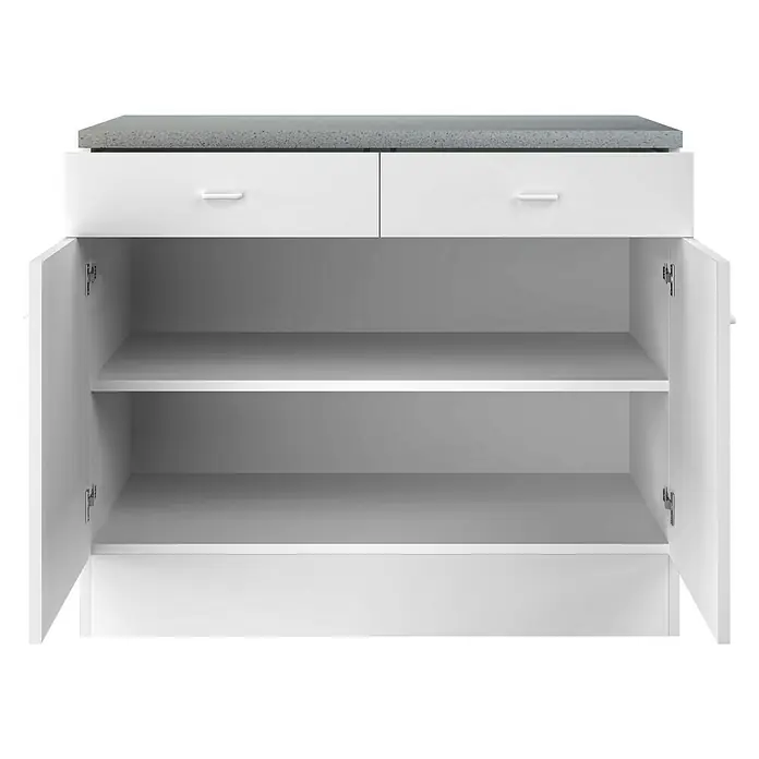 Flex-Well Rapido Küchen-Unterschrank - 47 x 100 x 85 cm, Dekor Front: Weiß - Eine offene, weiße Kommode mit zwei Schubladen und zwei Regalen. Die Kommode hat eine graue Oberseite und offene Türen.