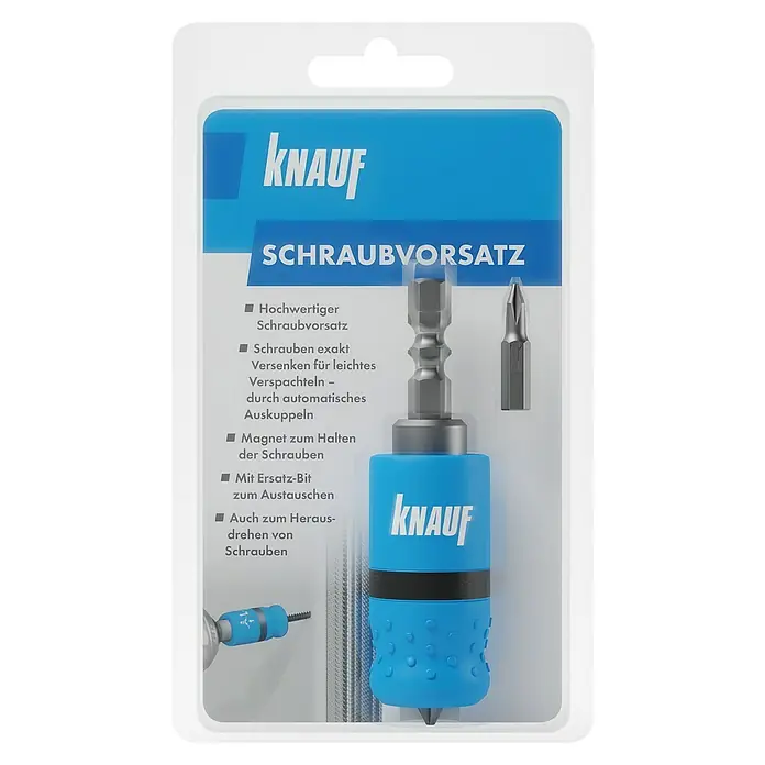 Knauf Schraubvorsatz - HK11 - Das Bild zeigt eine Schraubvorsatz-Verpackung von Knauf. Das Produkt ist ein hochwertiger Schraubvorsatz mit magnetischer Halterung und Ersatz-Bit.