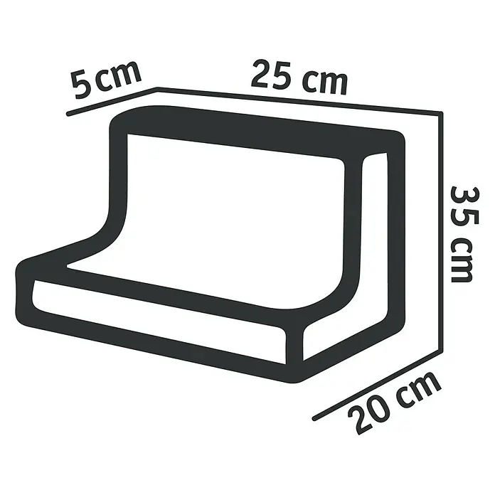 Diephaus L-Stein Mini - 35 cm, 25 cm, Stärke: 5 cm, Anthrazit - Abbildung eines Regals mit den Maßen 5 cm, 25 cm, 35 cm und 20 cm für die Planung und Gestaltung von Wohnräumen.