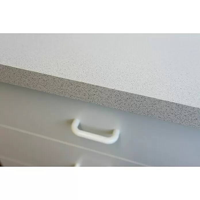 Flex-Well Rapido Küchen-Unterschrank - 47 x 100 x 85 cm, Dekor Front: Weiß - Helle grau gesprenkelte Arbeitsplatte über einem weißen Schubladengriff.