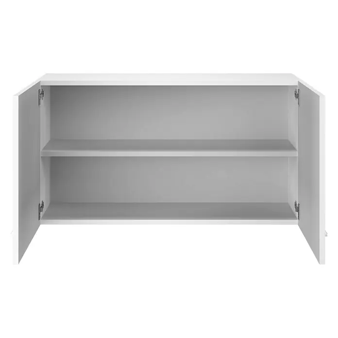 Flex-Well Rapido Hängeschrank - 32 x 100 x 54 cm, Dekor Front: Weiß, Dekor Korpus: Weiß - Offener, weißer Wandschrank mit zwei Regalen. Der Schrank hat offene Türen und ist bereit zur Nutzung.