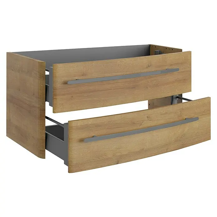Lanzet Classico Badmöbel-Set CL10RWBA - 99,2 cm, Berg Eiche, Farbe Griff: Anthrazit, Rechts - Schubladen-Kommode mit Holzoptik und zwei Auszügen mit grauen Griffen für stilvolle Aufbewahrung.