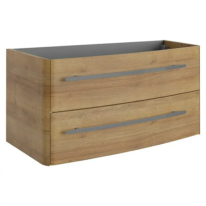 Lanzet Classico Badmöbel-Set CL10RWBA - 99,2 cm, Berg Eiche, Farbe Griff: Anthrazit, Rechts - Holzfarbener Waschtischunterschrank mit zwei Schubladen und grauen Griffen für das Badezimmer. Praktische Badmöbel.
