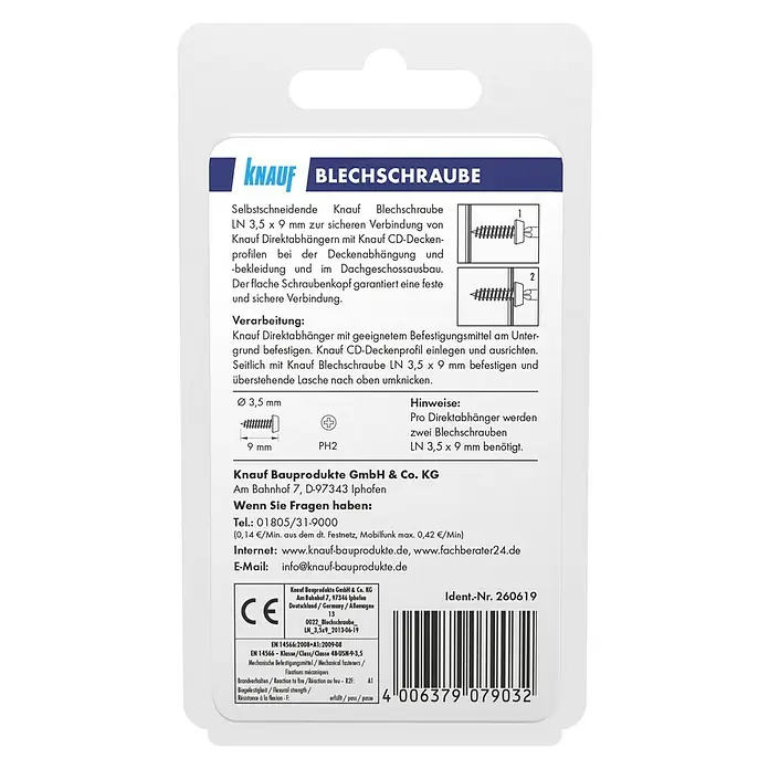 Knauf Blechschraube - Durchmesser Kopf: 3,5 mm, Länge: 9 mm, 100 Stk. - Abbildung einer Knauf Blechschraube LN 3,5 x 9 mm, ideal für sichere Verbindungen im Trockenbau und Dachgeschossausbau.