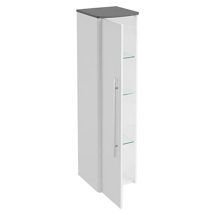 Lanzet Classico Midischrank - B x T x H: 31,2 x 32,5 x 121,4 cm, Weiß/Grau-Metallic, Farbe Griff: Chrom, DIN Anschlag: Links - Weißer Hängeschrank mit grauer Oberseite, einer Glastür mit Griff und drei Glasböden im Inneren für Badutensilien.