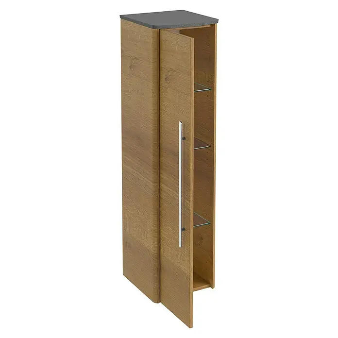 Lanzet Classico Midischrank - B x T x H: 31,2 x 32,5 x 121,4 cm, Berg Eiche/Grau, Farbe Griff: Chrom, DIN Anschlag: Links - Abgebildeter Hochschrank in Holzoptik mit einer Tür, einem silbernen Griff und mehreren Glasböden zur Aufbewahrung.