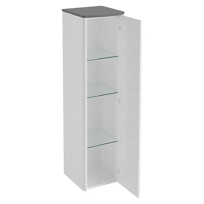 Lanzet Classico Midischrank - B x T x H: 31,2 x 32,5 x 121,4 cm, Weiß/Grau-Metallic, Farbe Griff: Chrom, DIN Anschlag: Rechts - Abbildung eines weißen Badezimmerschranks mit Glasböden und grauer Platte. Das moderne Design passt perfekt in jedes Badezimmer.