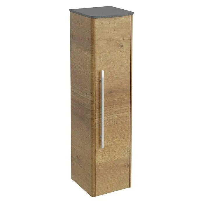 Lanzet Classico Midischrank - B x T x H: 31,2 x 32,5 x 121,4 cm, Berg Eiche/Grau, Farbe Griff: Chrom, DIN Anschlag: Rechts - Dieses Bild zeigt einen hochformatigen Badezimmerschrank mit Holzstruktur und einem schlanken, silbernen Griff, der eine moderne Note verleiht.