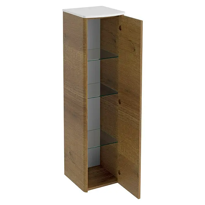 Lanzet Classico Midischrank - B x T x H: 31,2 x 32,5 x 121,4 cm, Berg Eiche/Weiß, Farbe Griff: Anthrazit, DIN Anschlag: Rechts - Ein offener, hölzerner Hängeschrank mit weißen Akzenten und Glasböden für stilvolle Aufbewahrung im Badezimmer.