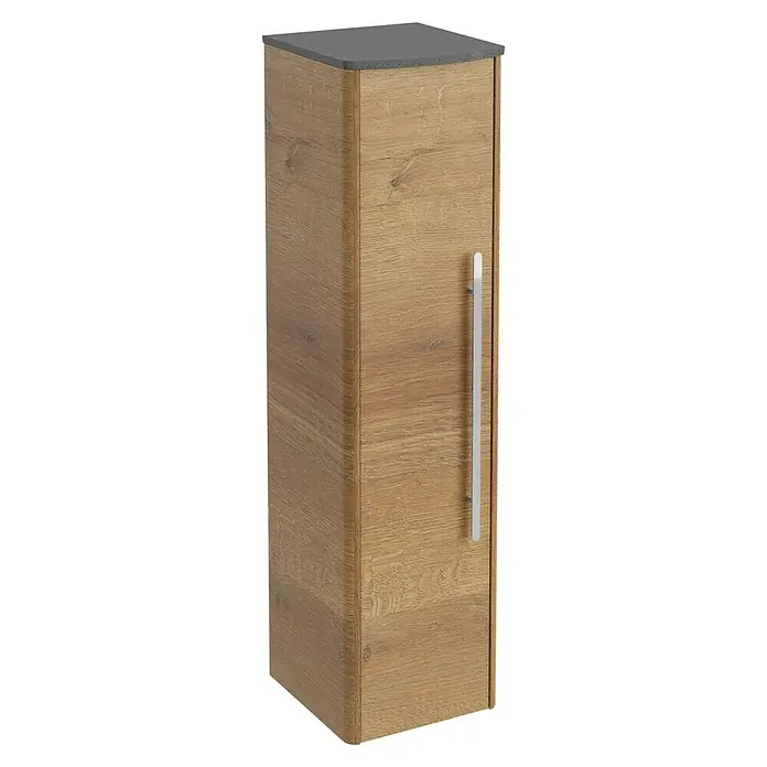 Lanzet Classico Midischrank - B x T x H: 31,2 x 32,5 x 121,4 cm, Berg Eiche/Grau, Farbe Griff: Chrom, DIN Anschlag: Links - Das Bild zeigt einen hochformatigen Hängeschrank in Holzoptik mit einem schmalen, silberfarbenen Griff und einer grauen Deckplatte.