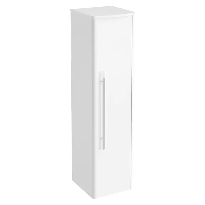 Lanzet Classico Midischrank - B x T x H: 31,2 x 32,5 x 121,4 cm, Weiß, Farbe Griff: Chrom, DIN Anschlag: Rechts - Ein eleganter, hochglanzweißer Hochschrank mit einer schlichten, langen Griffleiste, ideal für moderne Badezimmer oder Wohnräume.