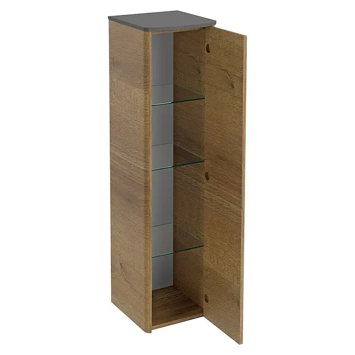 Lanzet Classico Midischrank - B x T x H: 31,2 x 32,5 x 121,4 cm, Berg Eiche/Grau, Farbe Griff: Chrom, DIN Anschlag: Rechts - Ein offener, hölzerner Hängeschrank mit drei Glasböden und einer grauen Oberseite, der eine stilvolle Stauraumlösung bietet.