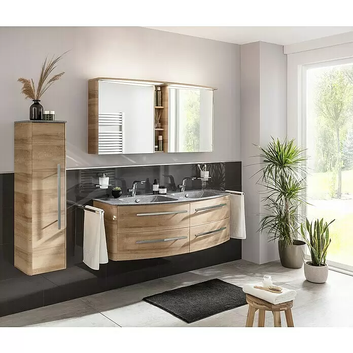 Lanzet Classico Midischrank - B x T x H: 31,2 x 32,5 x 121,4 cm, Berg Eiche/Grau, Farbe Griff: Chrom, DIN Anschlag: Links - Stimmungsaufnahme