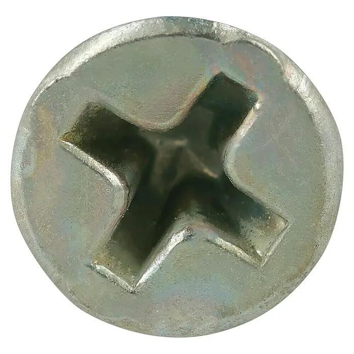 Fermacell Powerpanel H2O Schrauben - Durchmesser Kopf: 3,9 mm, Länge: 35 mm, 500 Stk. - Nahaufnahme eines Kreuzschlitzschraubenkopfes aus Metall, der Details und Textur des Schraubenkopfes zeigt.