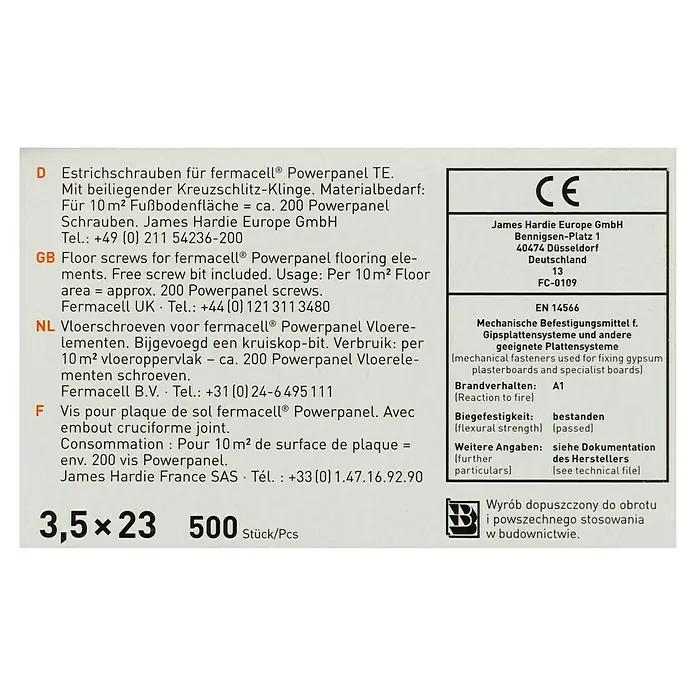 Fermacell Powerpanel Schrauben TE - Durchmesser Kopf: 3,5 mm, Länge: 23 mm, 500 Stk. - Fermacell Powerpanel TE Estrichschrauben: 3,5x23mm, 500 Stück. Geeignet für 10m² Fläche, inklusive Bit.