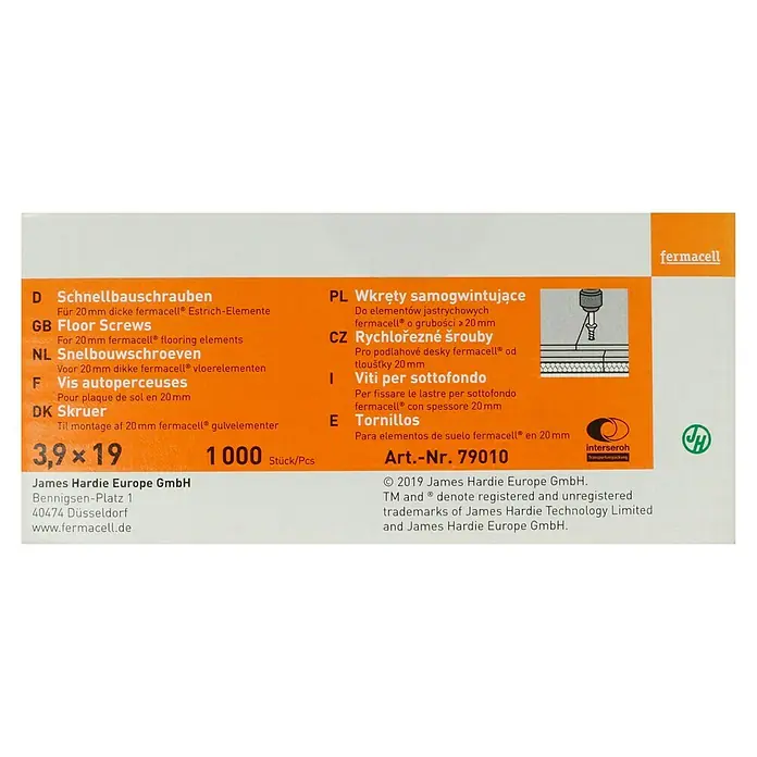Fermacell Schnellbauschrauben - Durchmesser Kopf: 3,9 mm, Länge: 19 mm, 1.000 Stk. - Abbildung einer Verpackung Fermacell Bodenschrauben 3,9x19mm, 1000 Stück. Geeignet für 20mm dicke Fermacell Estrich-Elemente, zur sicheren und dauerhaften Befestigung.