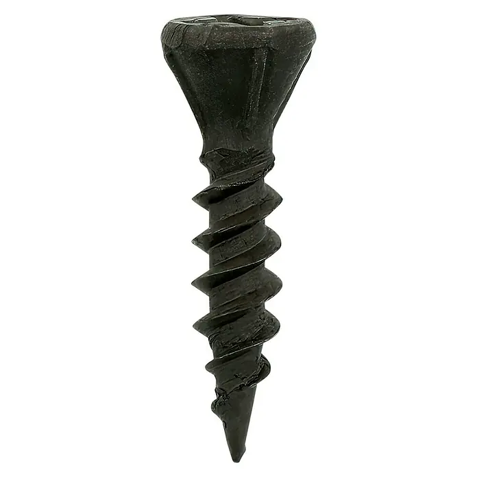 Fermacell Schnellbauschrauben - Durchmesser Kopf: 3,9 mm, Länge: 19 mm, 1.000 Stk. - Nahaufnahme einer schwarzen Schraube mit scharfen Gewinden, ideal für robuste Befestigungen in verschiedenen Materialien.
