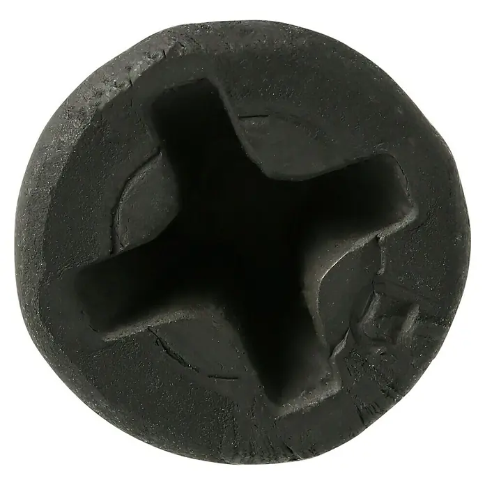 Fermacell Schnellbauschrauben - Durchmesser Kopf: 3,9 mm, Länge: 19 mm, 1.000 Stk. - Nahaufnahme eines schwarzen Kreuzschlitzschraubenkopfes, der Details der Schraubenoberfläche und des Antriebs zeigt.