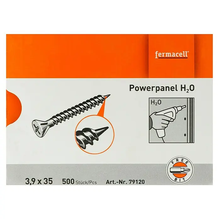 Fermacell Powerpanel H2O Schrauben - Durchmesser Kopf: 3,9 mm, Länge: 35 mm, 500 Stk. - Abbildung einer Packung Fermacell Powerpanel H₂O Schrauben, Größe 3,9 x 35 mm, mit 500 Stück und einem kostenlosen Bit.
