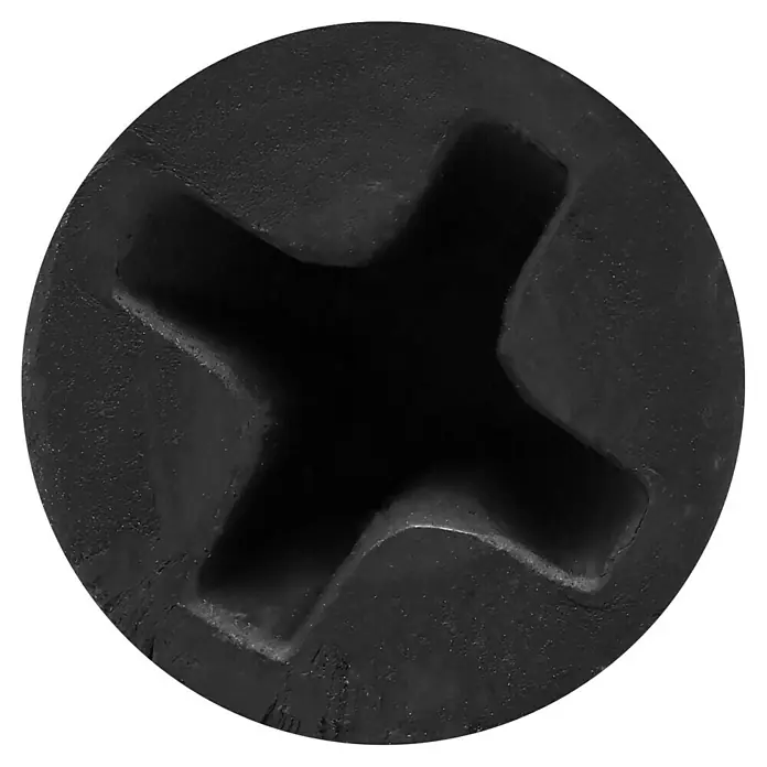 Fermacell Powerpanel Schrauben TE - Durchmesser Kopf: 3,5 mm, Länge: 23 mm, 500 Stk. - Nahaufnahme eines schwarzen Kreuzschlitzschraubenkopfes.