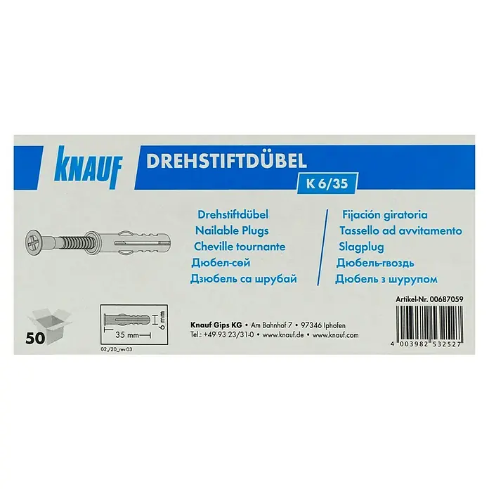 Knauf Drehstiftdübel K6/35 - Länge: 35 mm, 50 Stk. - Bild einer Packung Knauf DrehStiftDübel K 6/35, einer Nagelschlagdübel-Befestigungslösung für verschiedene Anwendungen.