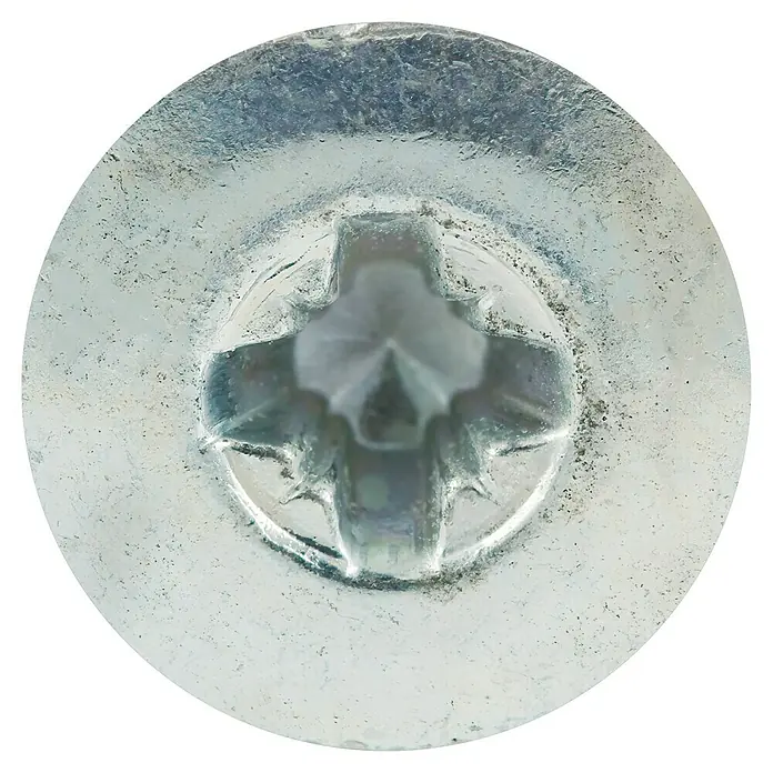 Knauf Drehstiftdübel K6/35 - Länge: 35 mm, 50 Stk. - Nahaufnahme eines glänzenden, runden Schraubenkopfs mit Kreuzschlitz.