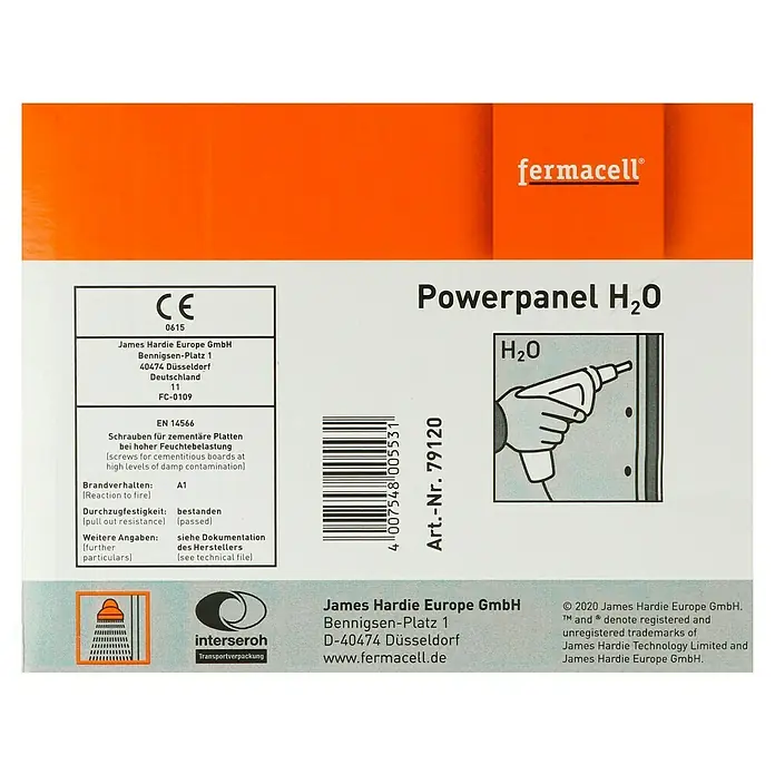 Fermacell Powerpanel H2O Schrauben - Durchmesser Kopf: 3,9 mm, Länge: 35 mm, 500 Stk. - Produktetikett für Fermacell Powerpanel H₂O, einer zementgebundenen Bauplatte für hohe Feuchtebelastung. Inklusive CE-Kennzeichnung und Herstellerinformationen.