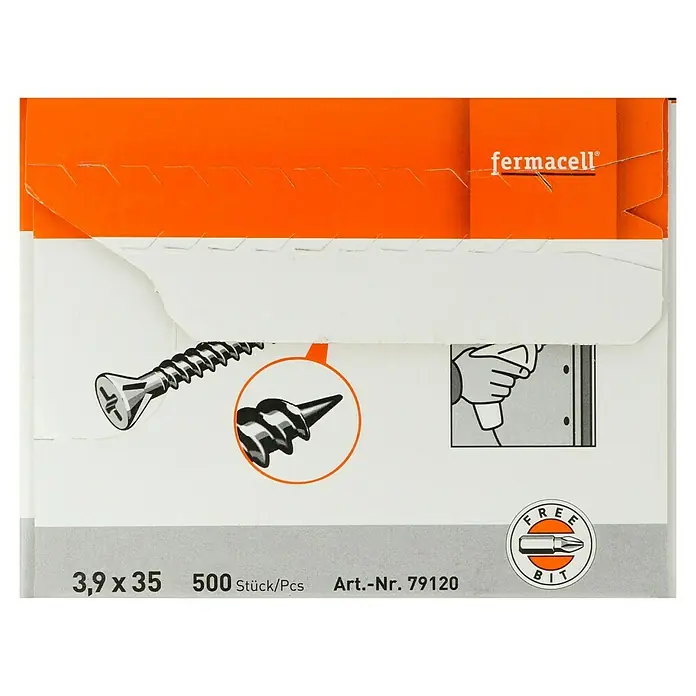 Fermacell Powerpanel H2O Schrauben - Durchmesser Kopf: 3,9 mm, Länge: 35 mm, 500 Stk. - Nahaufnahme einer Fermacell Schraubenpackung, die Schrauben, Größenangaben und eine kostenlose Bit-Anzeige zeigt.