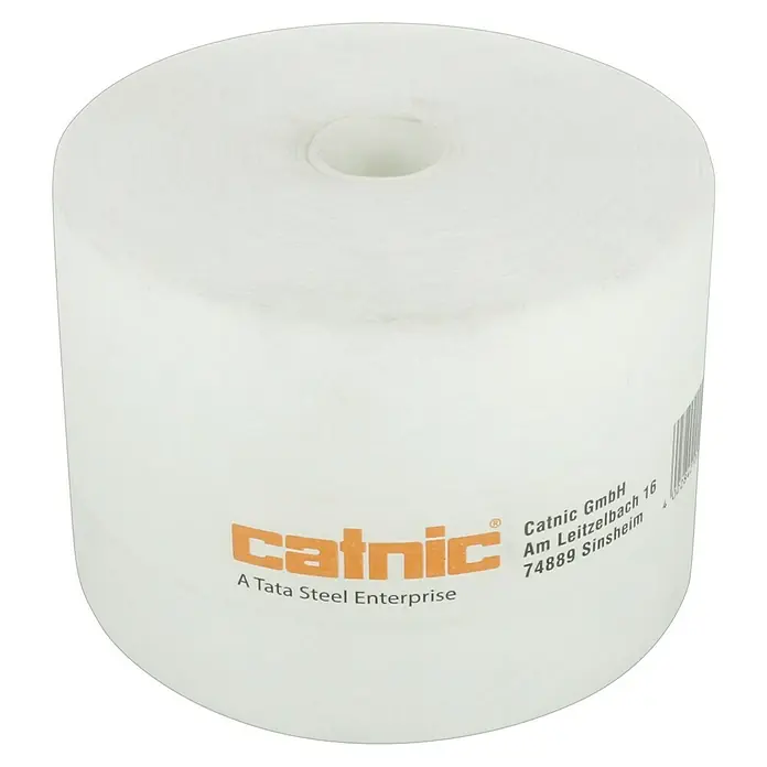 Catnic Fugenvlies - 50 m x 10 cm - Nahaufnahme einer weißen Papierrolle von Catnic, einem Tata Steel Unternehmen, mit Firmenlogo und Adresse auf der Seite.