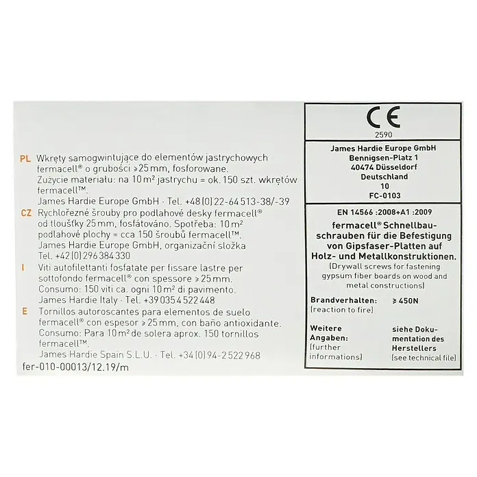 Fermacell Schnellbauschrauben - Durchmesser Kopf: 3,9 mm, Länge: 22 mm, 1.000 Stk. - CE-Kennzeichnung und Informationen zu Fermacell Schnellbauschrauben zur Befestigung von Gipsfaserplatten.