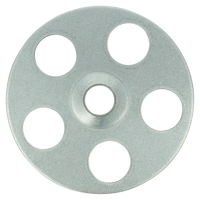Ultrament Montagezubehör für Trockenbau10 Stk. - Nahaufnahme einer silbernen Metallscheibe mit sechs Löchern, inklusive eines zentralen Loches, auf schwarzem Hintergrund.