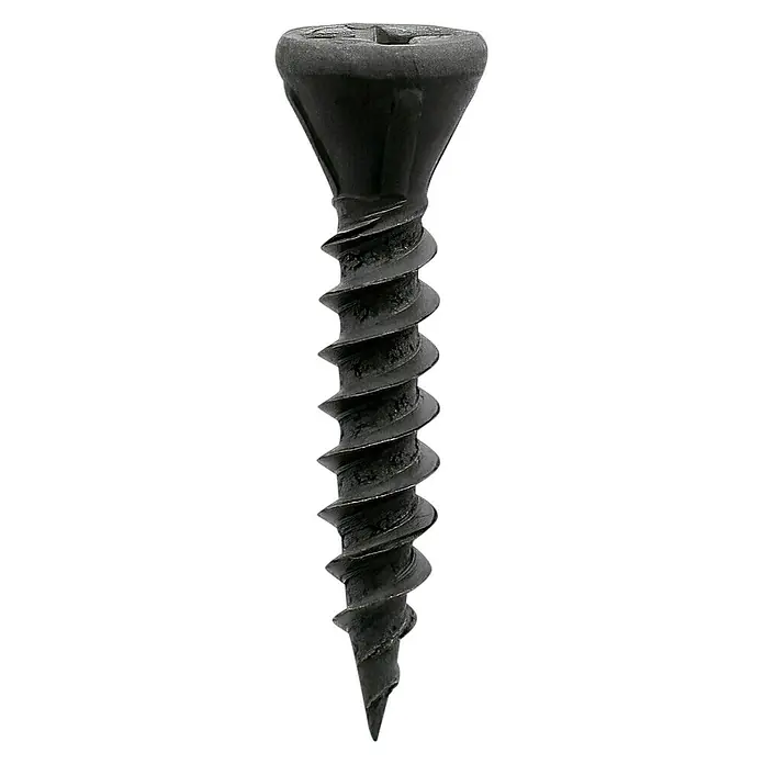 Fermacell Schnellbauschrauben - Durchmesser Kopf: 3,9 mm, Länge: 22 mm, 1.000 Stk. - Detailaufnahme einer schwarzen Holzschraube mit scharfen Gewindegängen und einem Senkkopf auf schwarzem Hintergrund.