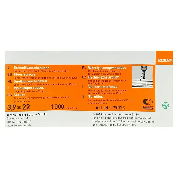 Fermacell Schnellbauschrauben - Durchmesser Kopf: 3,9 mm, Länge: 22 mm, 1.000 Stk. - Bild einer Packung Fermacell Schnellbauschrauben 3,9 x 22 mm, ideal für Estrich-Elemente ab 25 mm Dicke, mit 1000 Stück Inhalt.