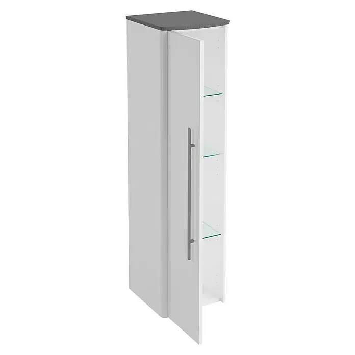 Lanzet Classico Midischrank - B x T x H: 31,2 x 32,5 x 121,4 cm, Weiß/Grau-Metallic, Farbe Griff: Anthrazit, DIN Anschlag: Links - Ein hochformatiger, weißer Badschrank mit einer grauen Oberseite, einer Tür mit Metallgriff und Glasböden im Inneren.
