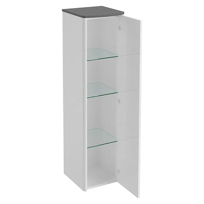 Lanzet Classico Midischrank - B x T x H: 31,2 x 32,5 x 121,4 cm, Weiß/Grau-Metallic, Farbe Griff: Anthrazit, DIN Anschlag: Rechts - Ein offener weißer Badezimmerschrank mit drei Glasregalen und einer grauen Oberseite. Perfekt für jedes Badezimmer.