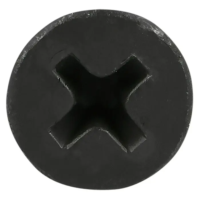 Knauf Schnellbauschraube TN 70 - Durchmesser: 4,5 mm, Länge: 70 mm, 500 Stk. - Nahaufnahme eines schwarzen Schraubenkopfes mit Kreuzschlitz, der die Details der Schraube hervorhebt.