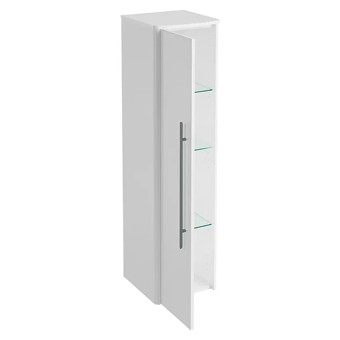 Lanzet Classico Midischrank - B x T x H: 31,2 x 32,5 x 121,4 cm, Weiß, Farbe Griff: Anthrazit, DIN Anschlag: Links - Ein weißer Badezimmerschrank mit Glasböden und einer Stange an der Tür, der geöffnet ist und so die Inneneinteilung zeigt.